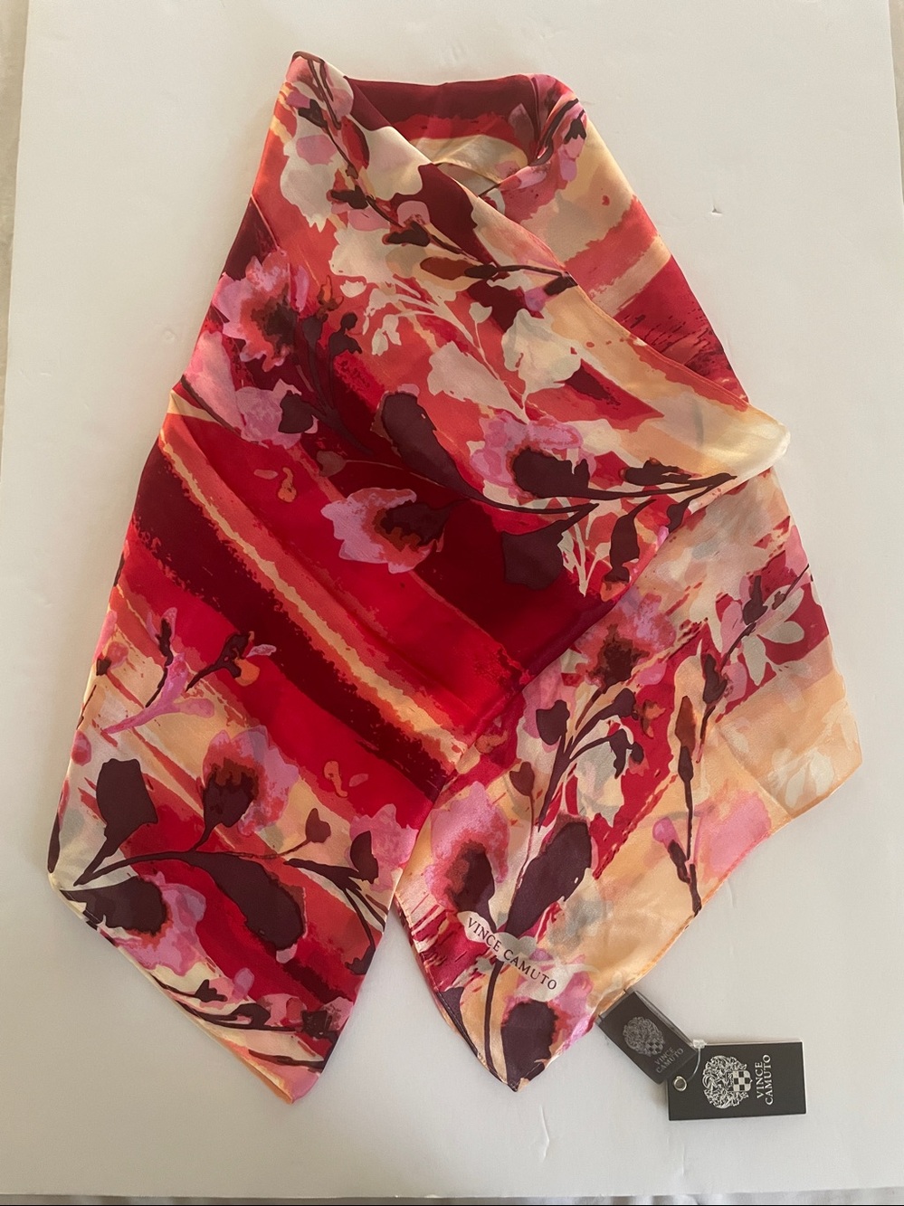 Vince Camuto Pure SILK Scarf Pink Abstract Floral 72” rectangular NWT